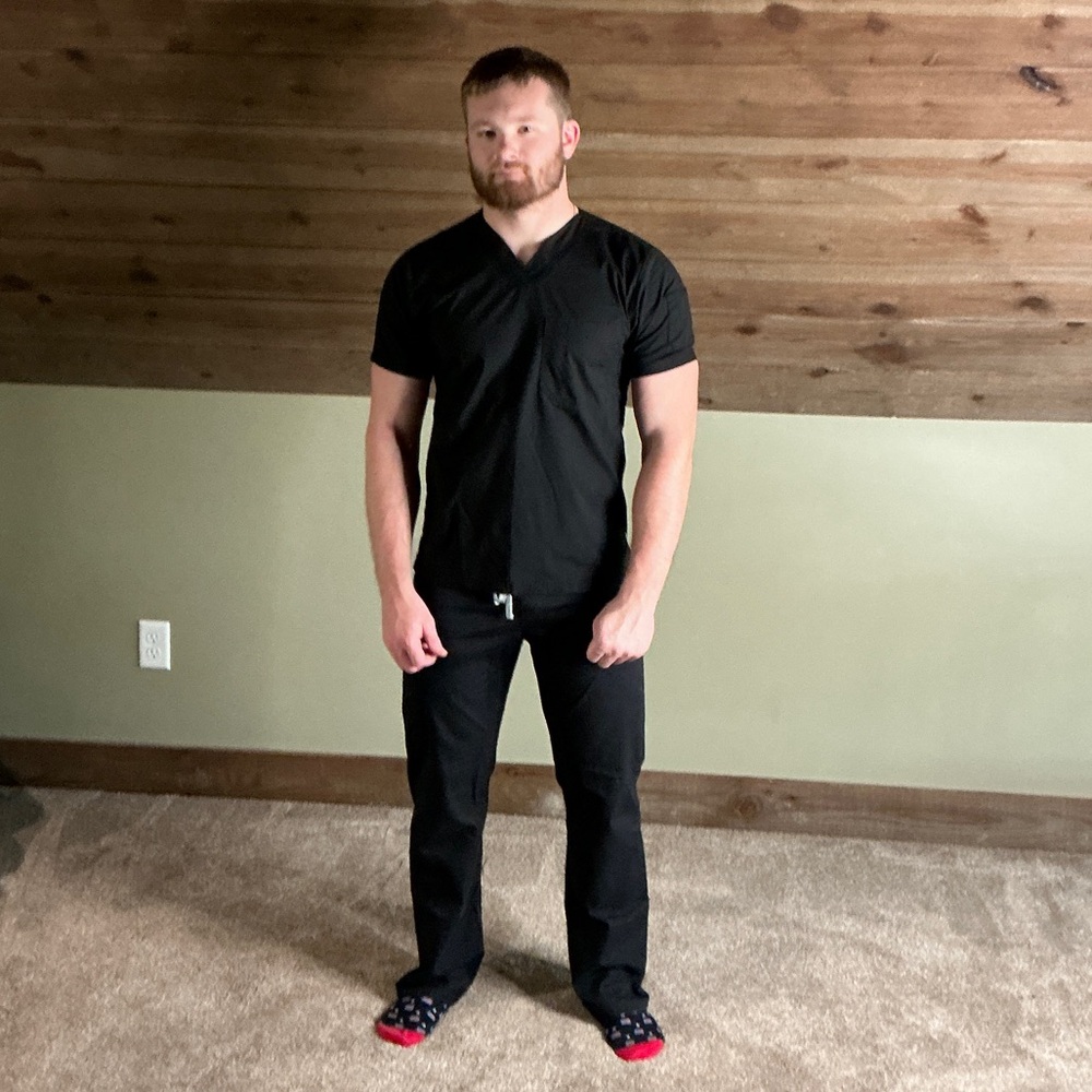 Black V-Neck Scrub Top and straight leg drawstring Pants Set